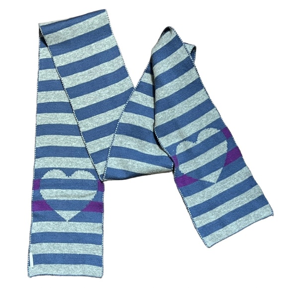 Blue & Gray Stripe Scarf with Purple Stripe Hearts 5” x 57” - Picture 3 of 3